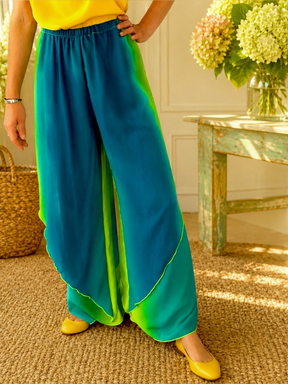 🇨🇦Vintage Palazzo Pants• Gradient Lime to Teal• Layered• Fall• Resort Travel